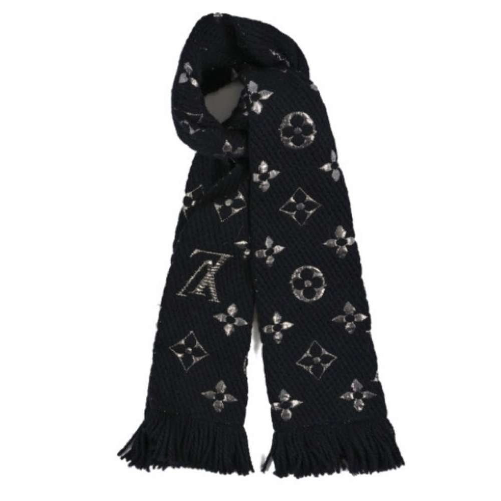 LOUIS VUITTON  Wool Silk Logomania Shine Scarf Black